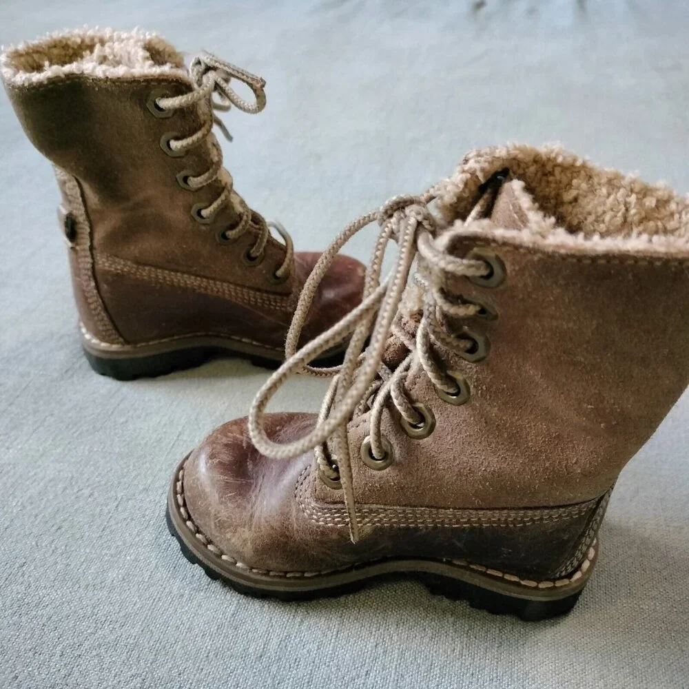 Timberland Brown Leather Tall Hiking Baby Toddler Boots 4-4.5 Lace Up D